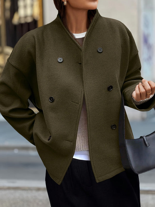 Cozy Dark Green Fleece Pea Coat With Stand Collar - 2