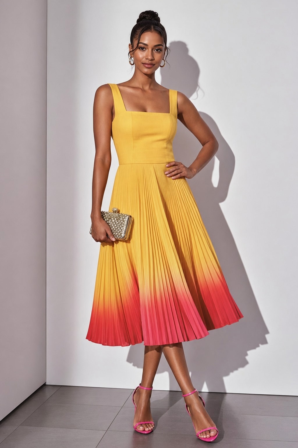 Pleated Ombre Square Neck Sleeveless A-Line Midi Dress - 2