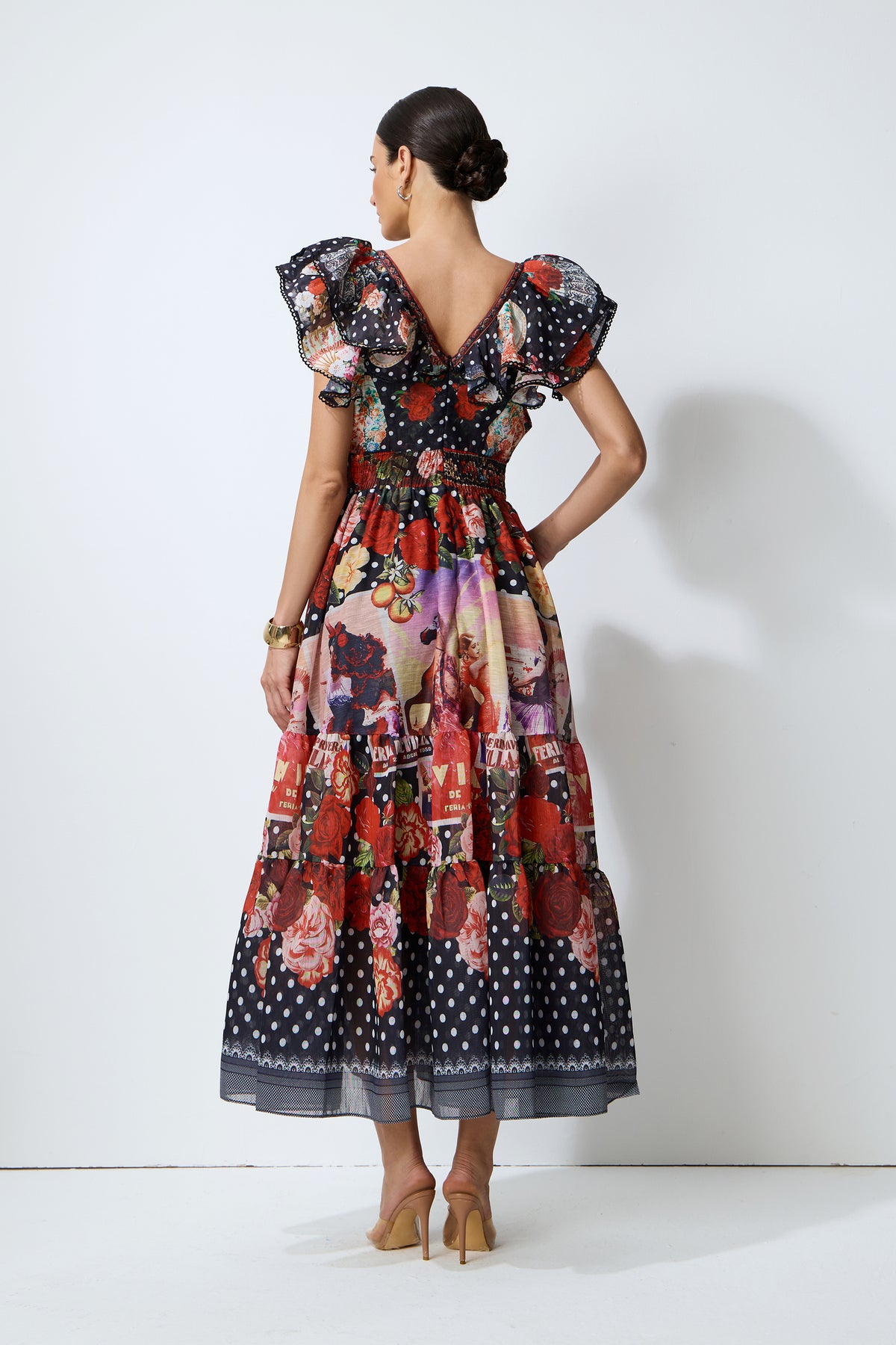 Red Floral Maxi Dress with Flutter Sleeves - view 4