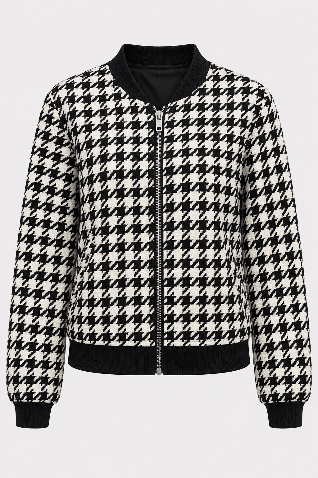 Black Effortless Bomber Jacket with Houndstooth Ribbed Trim - 1