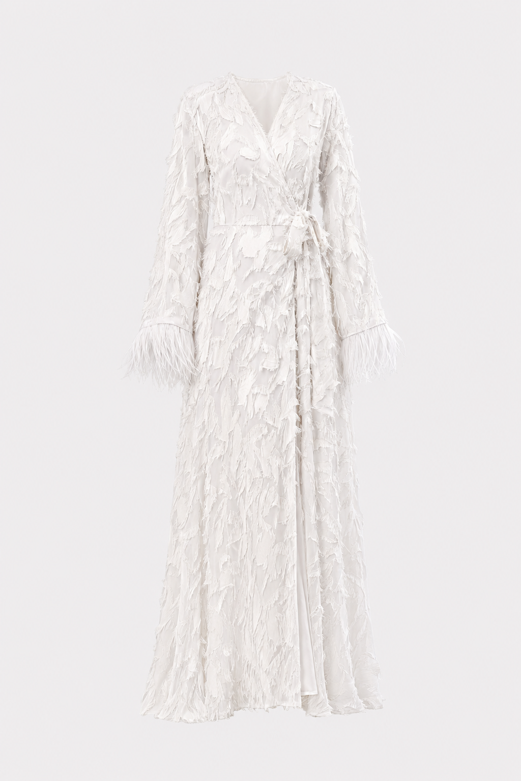 White fringe cuff wrap maxi dress