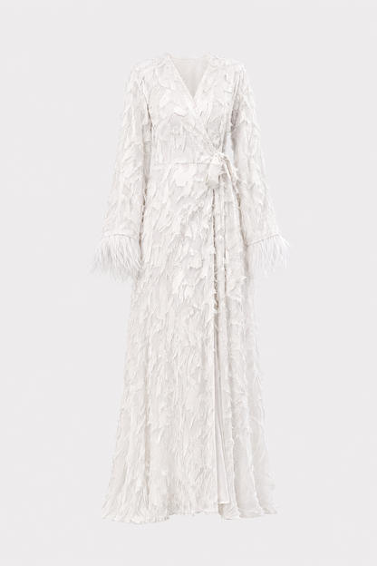 White fringe cuff wrap maxi dress