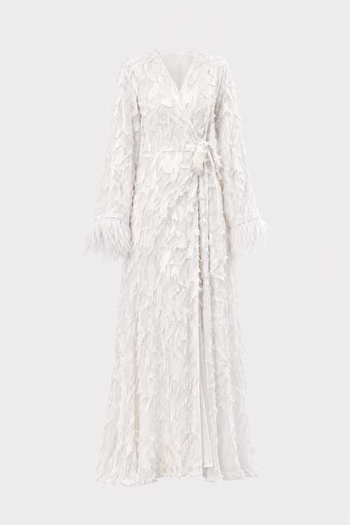 White fringe cuff wrap maxi dress