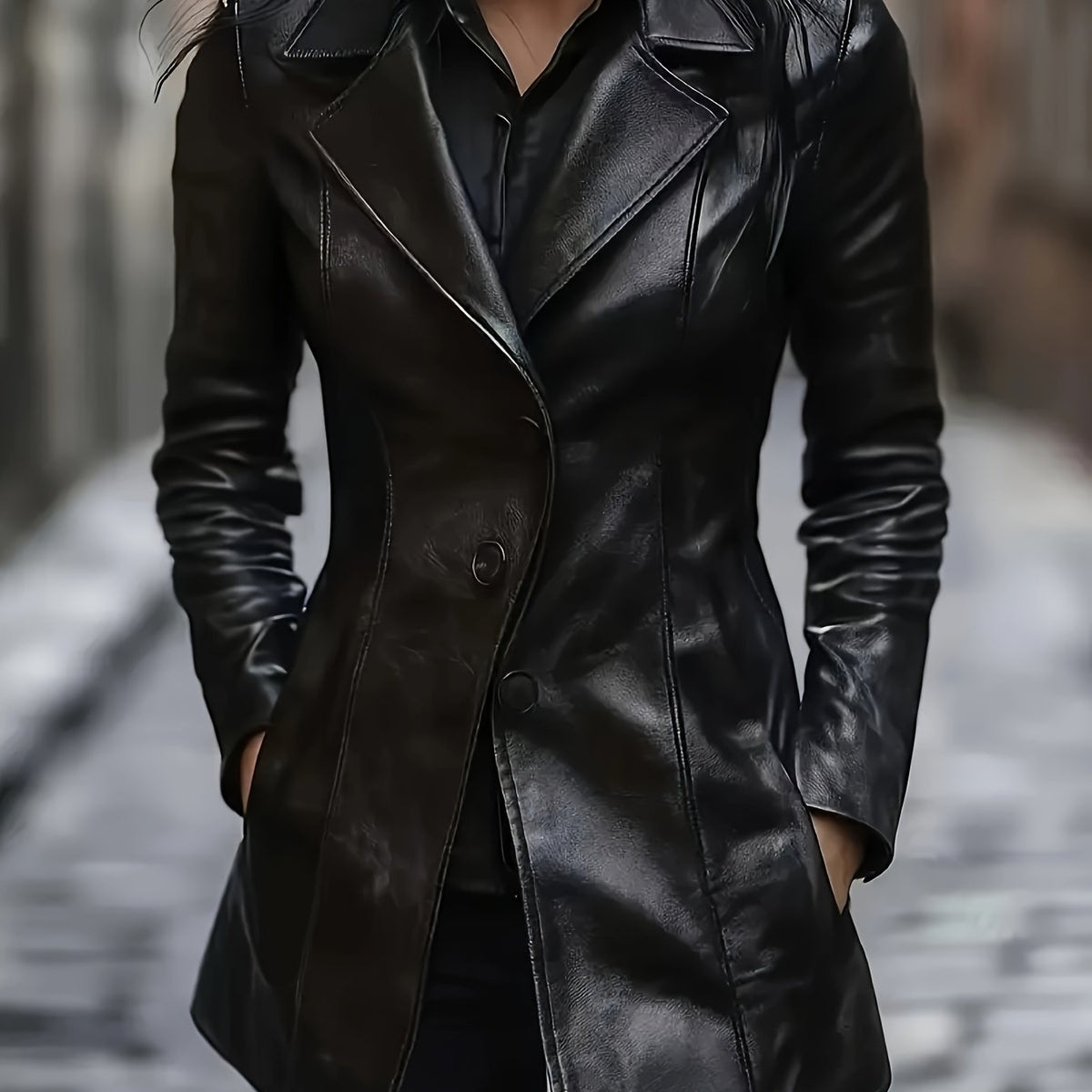 Black tailored mid-length A-line coat - view 2
