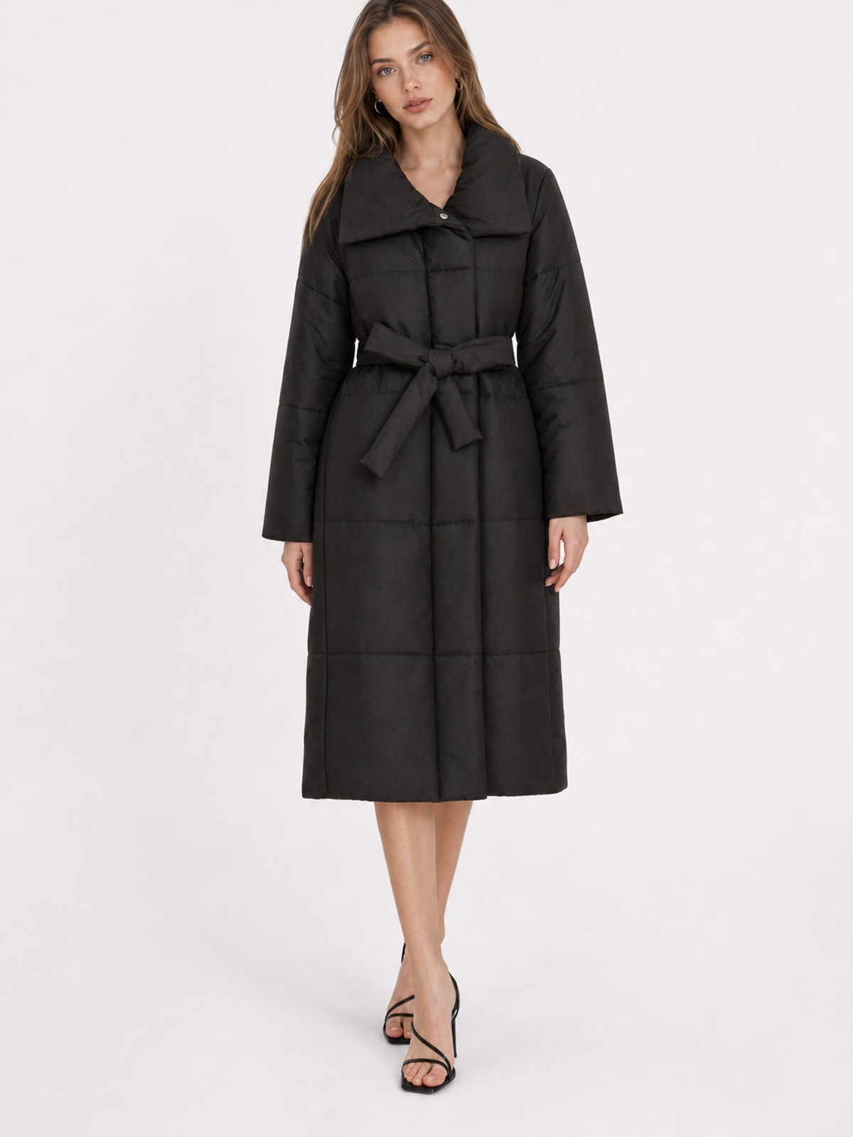 Warm Quilted Cotton Blend Long Coat With Belted Collar - 6