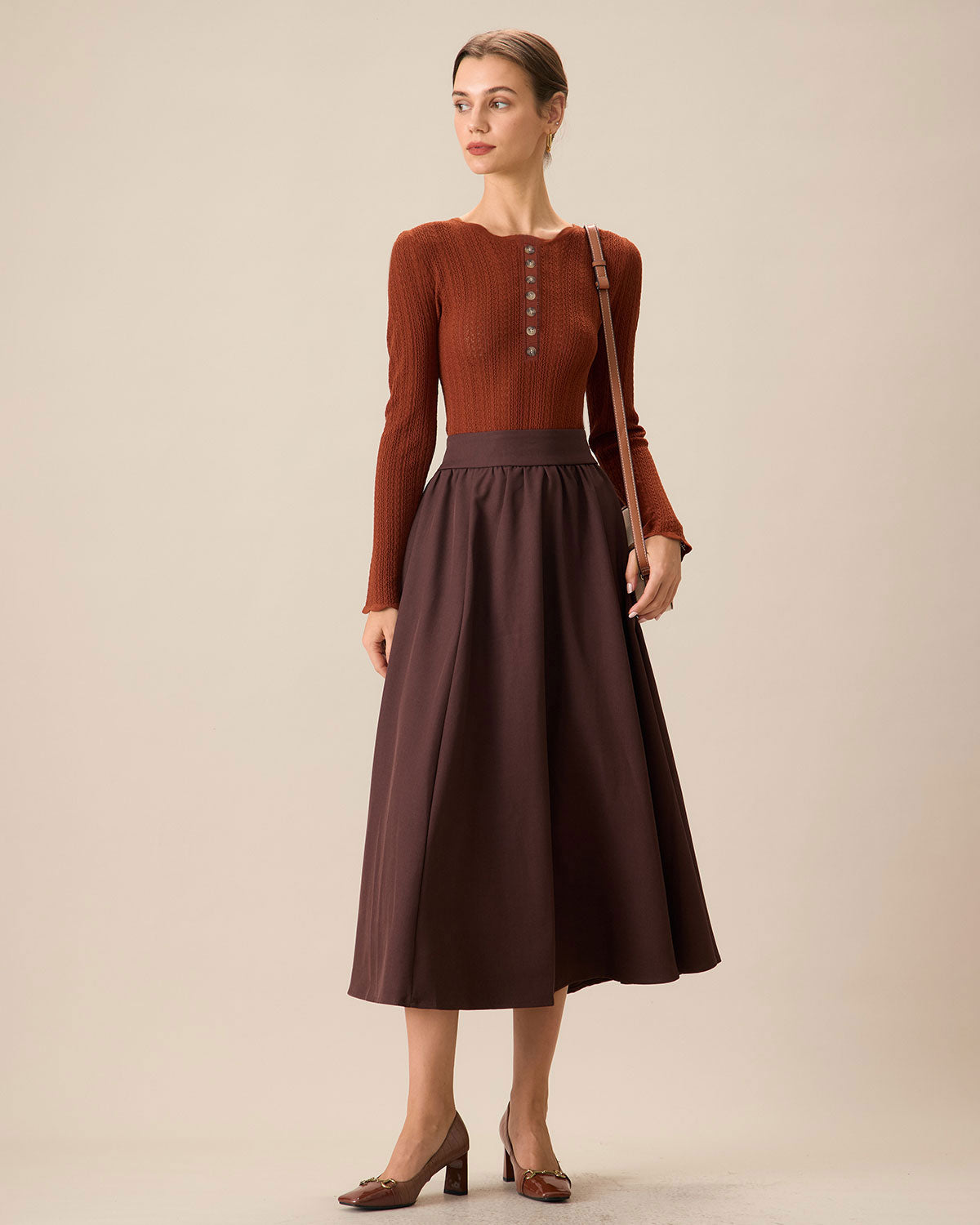 Brown slim round neck sweater with button trim - view 5