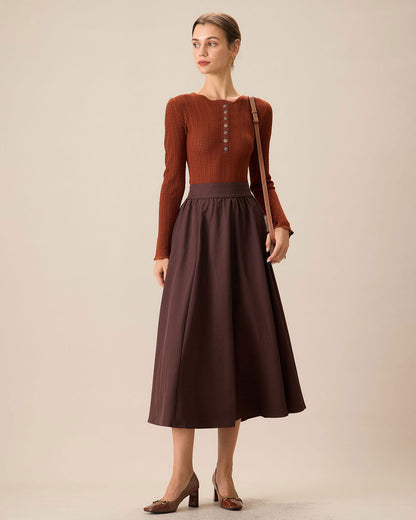 Brown slim round neck sweater with button trim - view 5