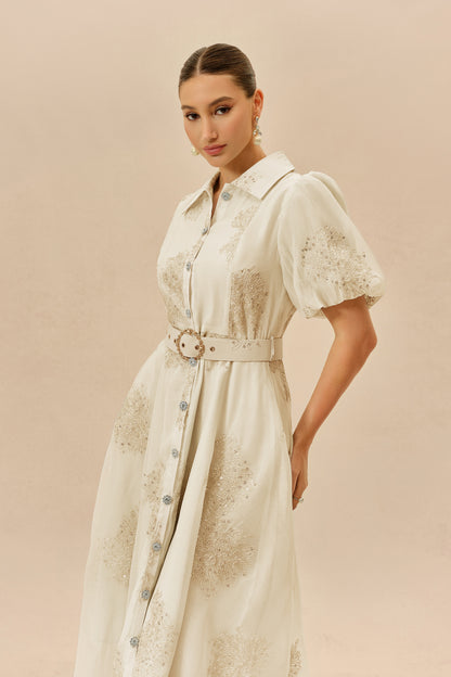 Apricot embroidered maxi shirt dress with belt - view 3