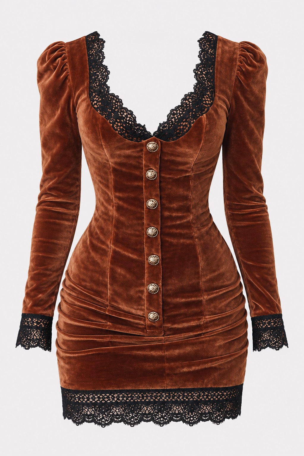 Velvet Mini Dress Vintage Lace Trim - 1