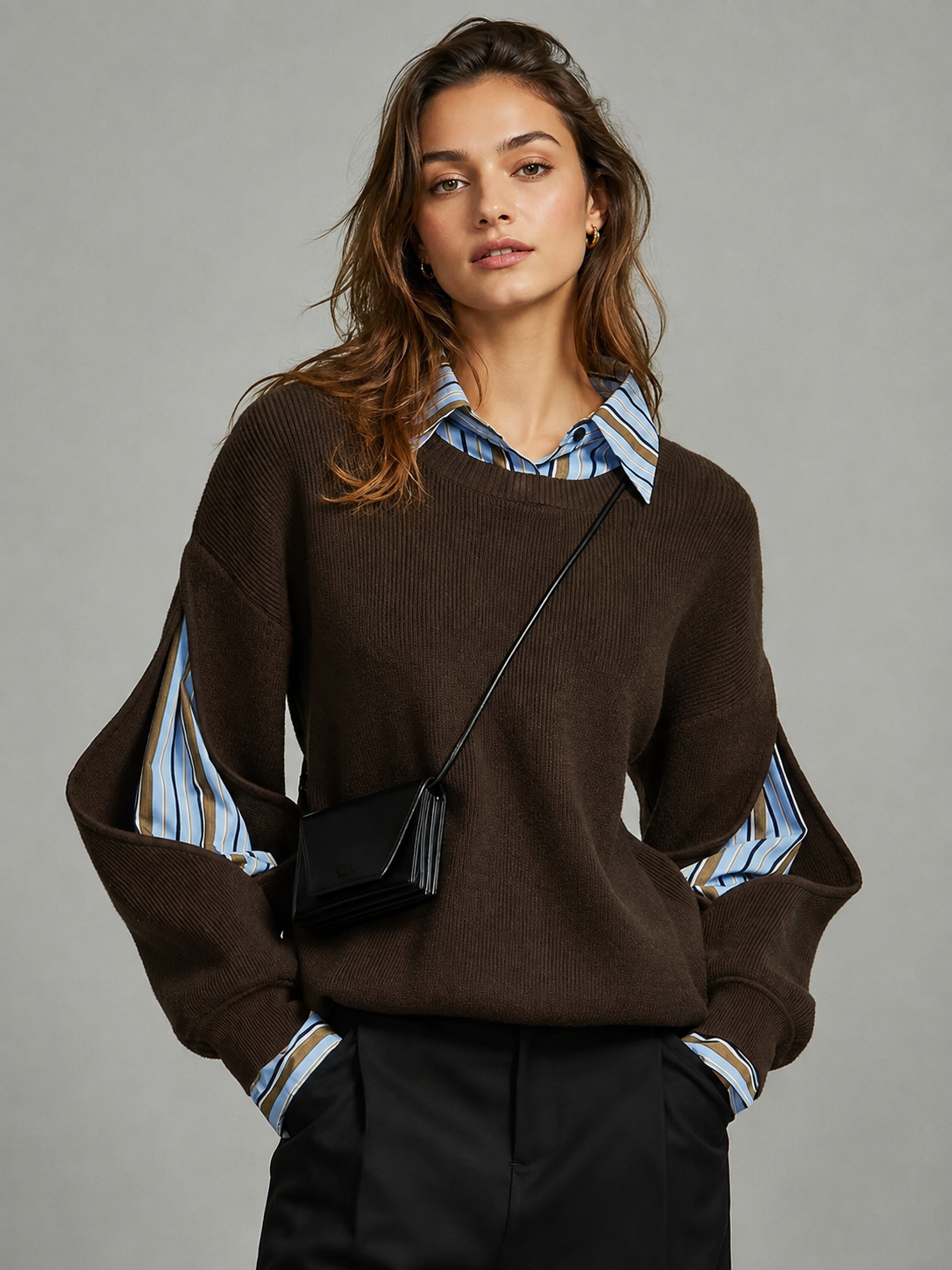 Dark brown ribbed knit cutout sweater - view 2