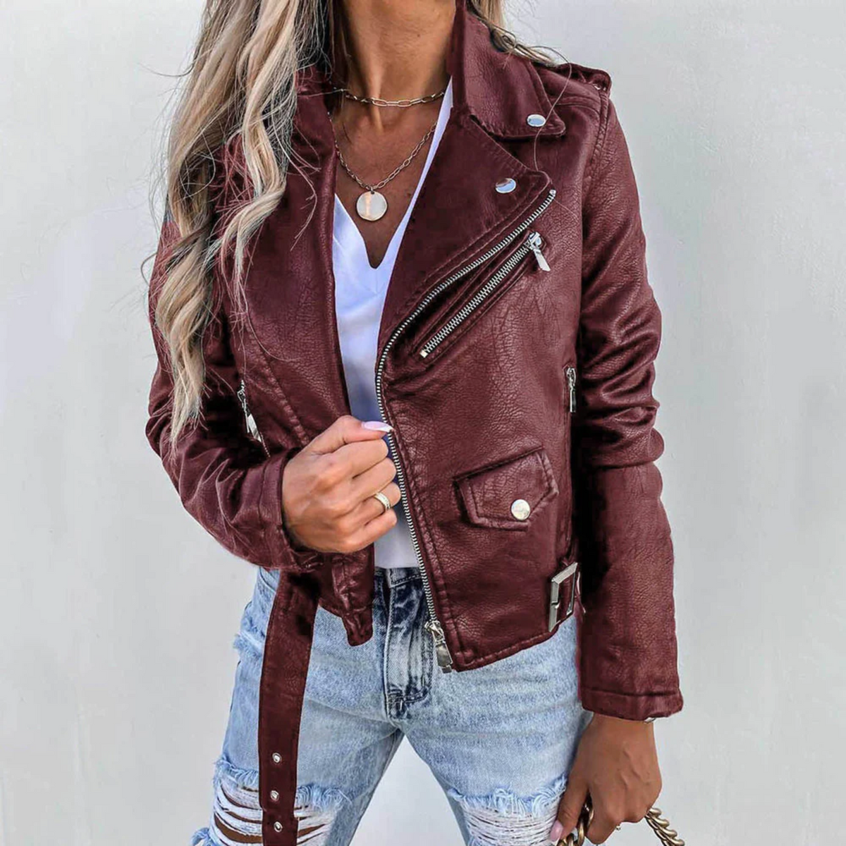 Leather jacket with stand collar and belted waist - view 2