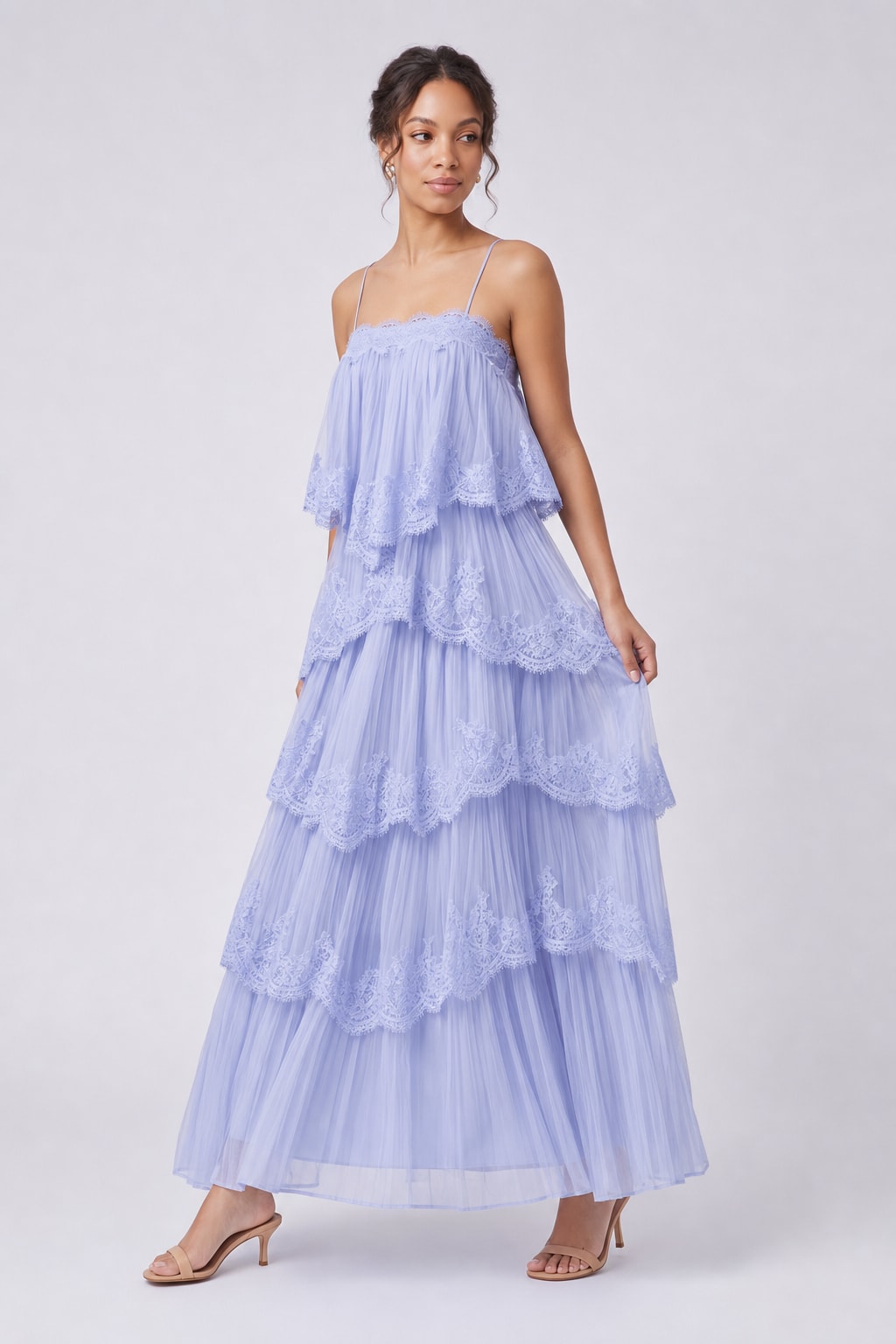 Chiffon Tiered Maxi Dress With Lace Trim - 5