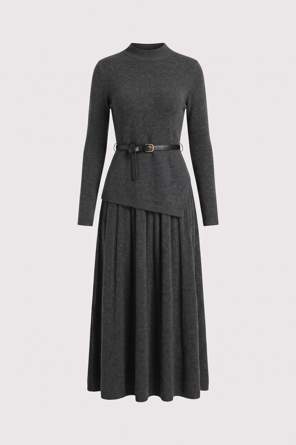 Knit Midi Dress With Belted Asymmetric Hem - 1