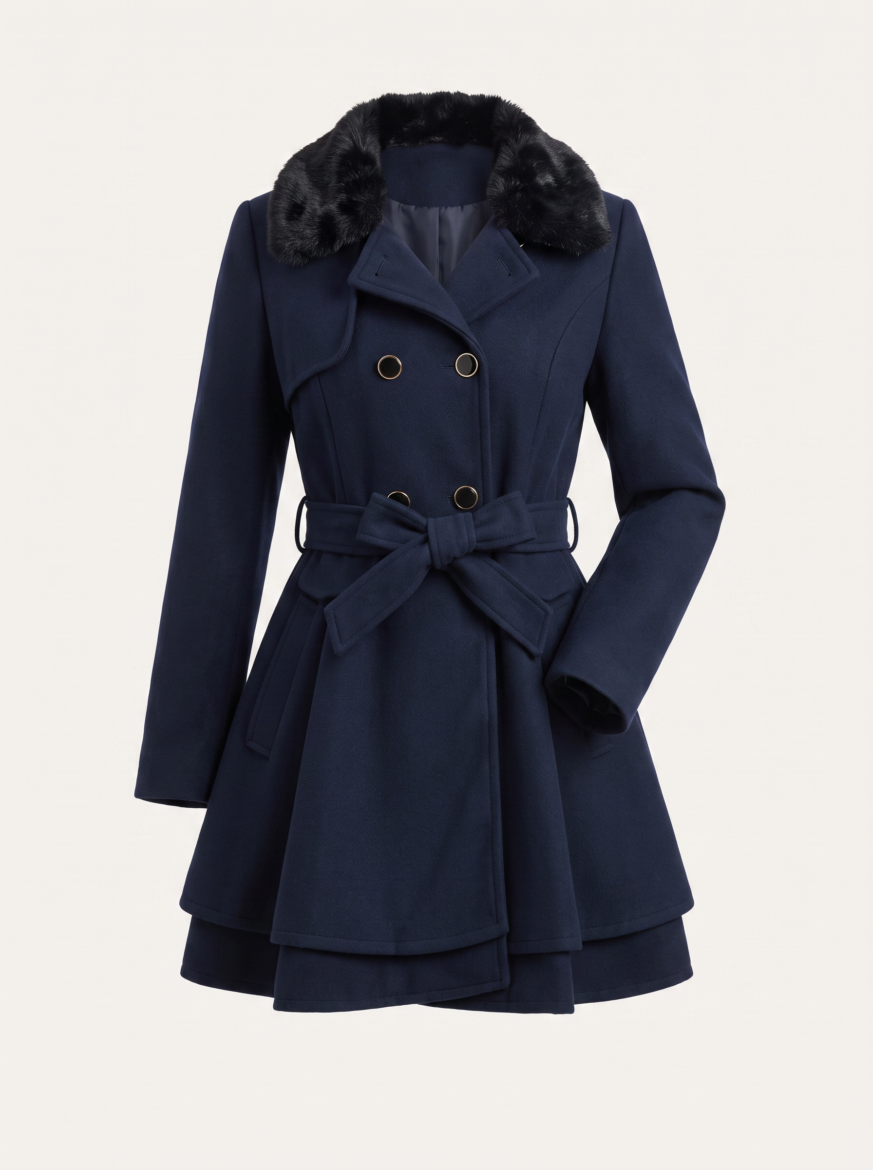 Navy Belted Coat With Faux Fur Collar