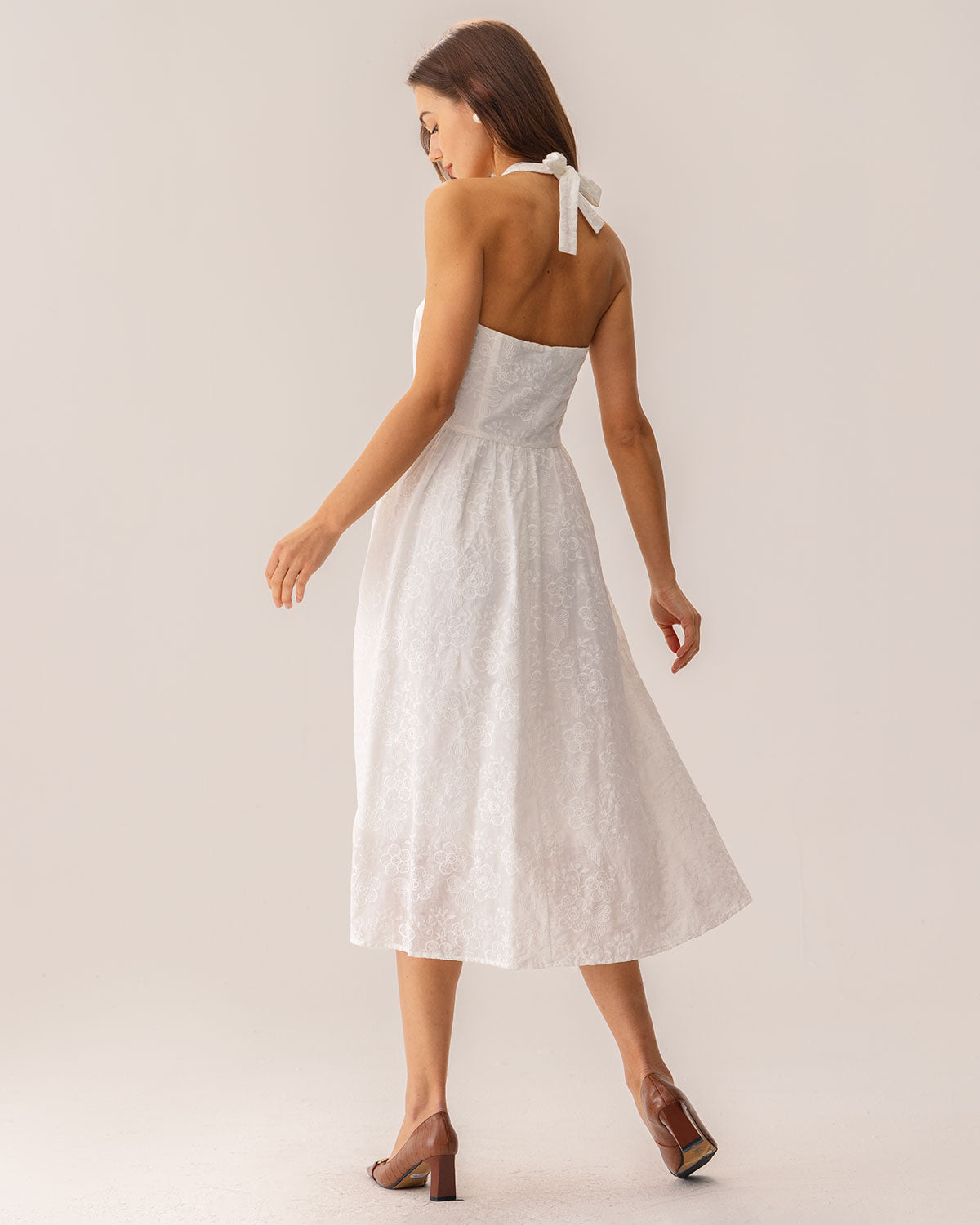 White Cotton Embroidered Halter Midi Dress - view 4