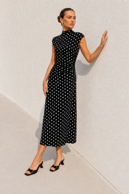 Black Polka Dot Cotton Jersey Midi Dress - view 3