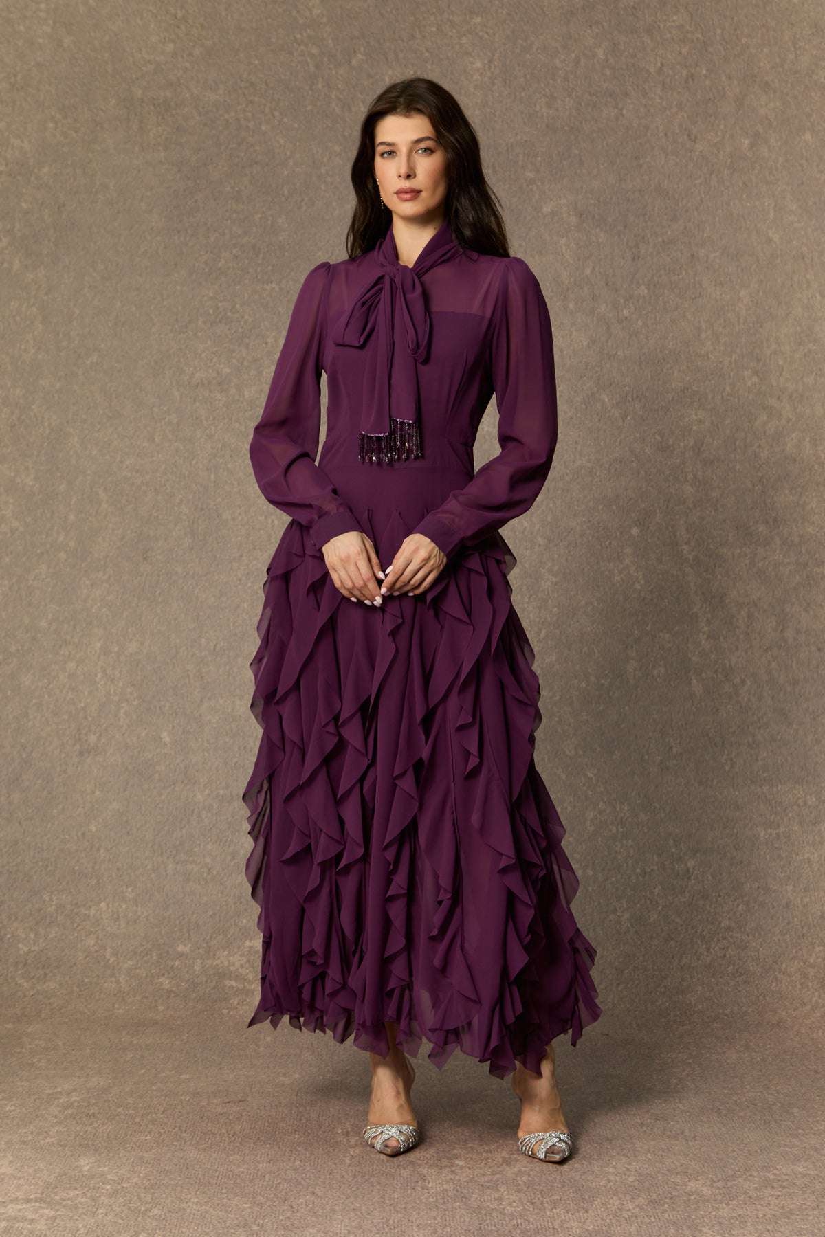 Purple tiered ruffle maxi dress with bow neck - view 2