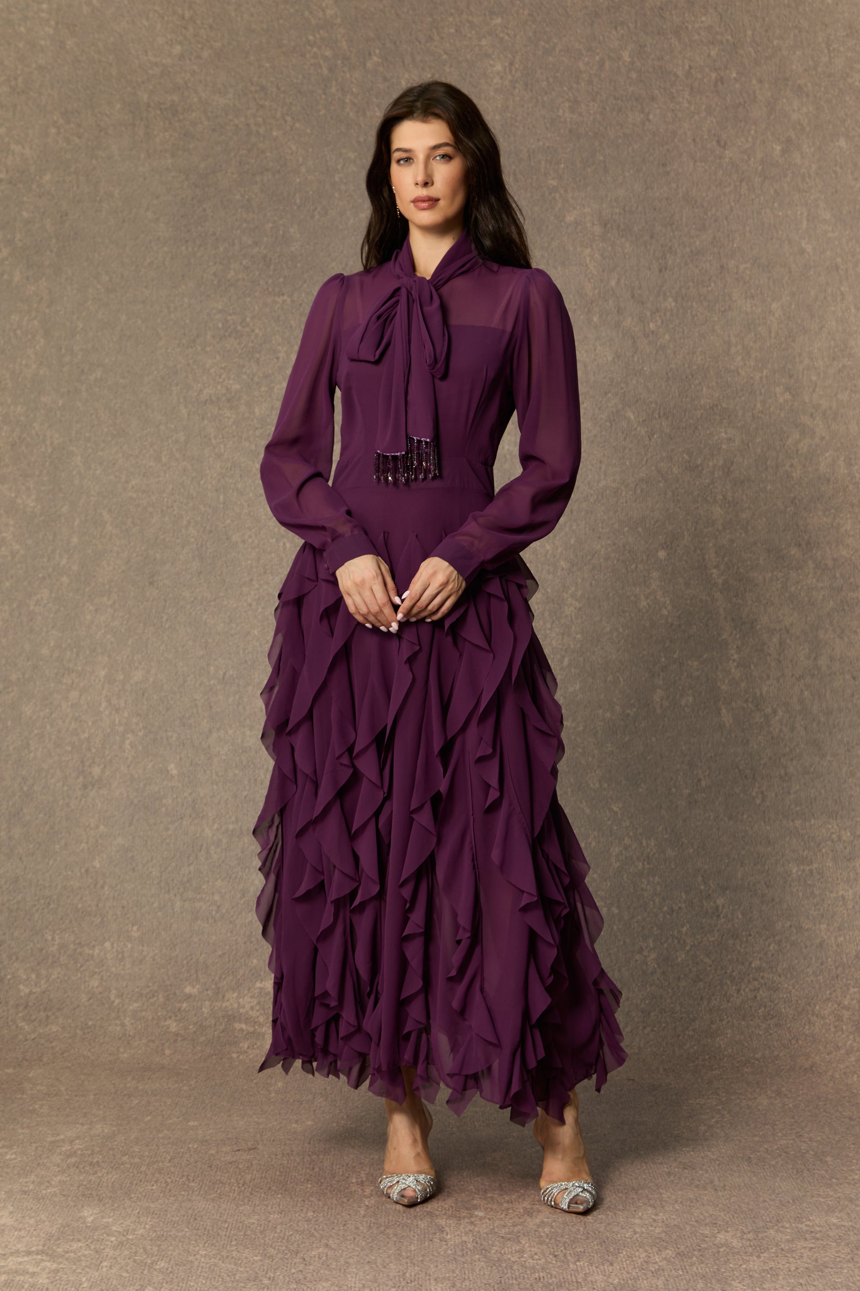 Purple tiered ruffle maxi dress with bow neck - view 2