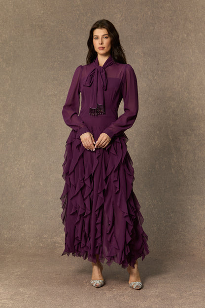 Purple tiered ruffle maxi dress with bow neck - view 2