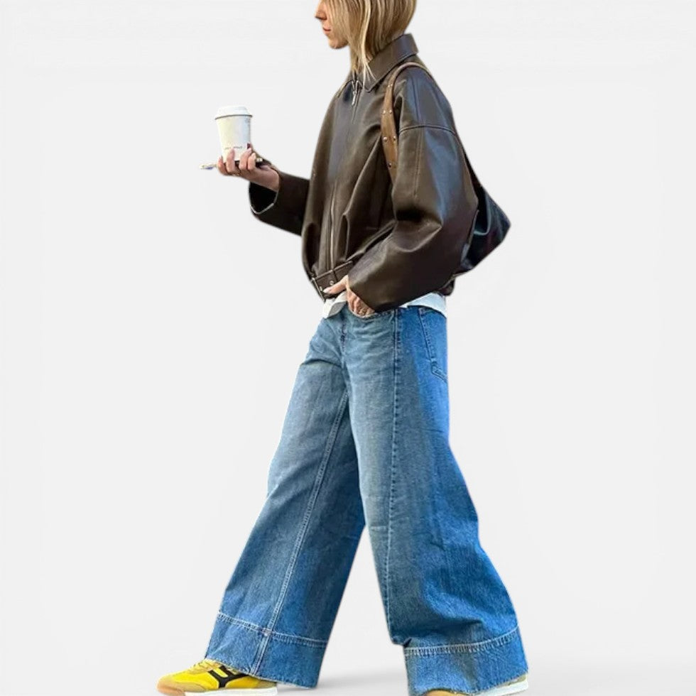 Faux Leather Bomber Jacket with Belted Waist - view 2