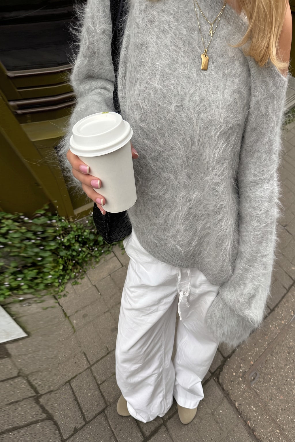 Oversized brushed mohair blend crew neck sweater in camel, brown, cream and yellow stripes