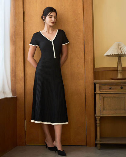 Black Contrast Knit Midi Dress, A-Line - view 5