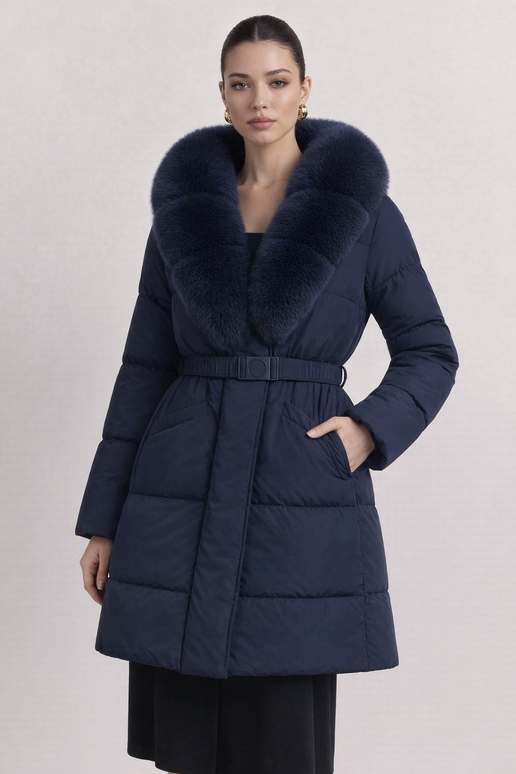 Cotton Mid-Length Jacket With Oversized Fur Collar - 4