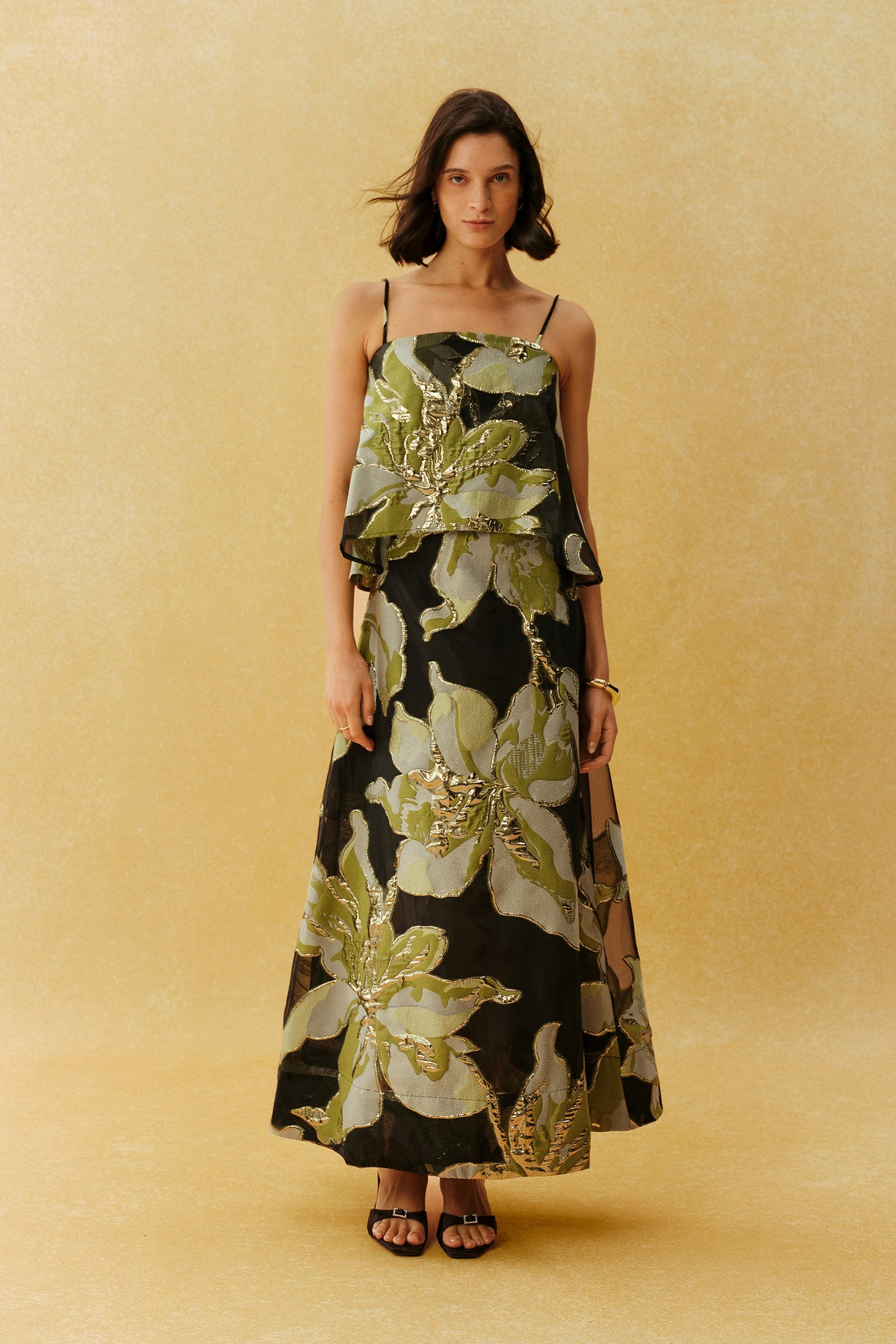 Floral Jacquard Mesh Spaghetti Strap Maxi Dress - 2