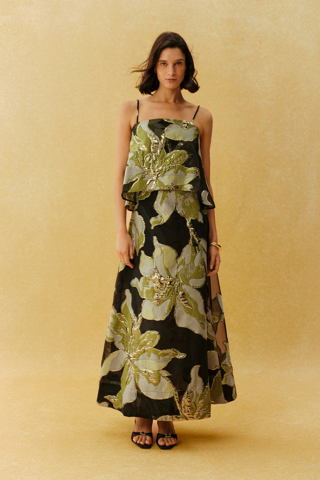 Floral Jacquard Mesh Spaghetti Strap Maxi Dress - 2