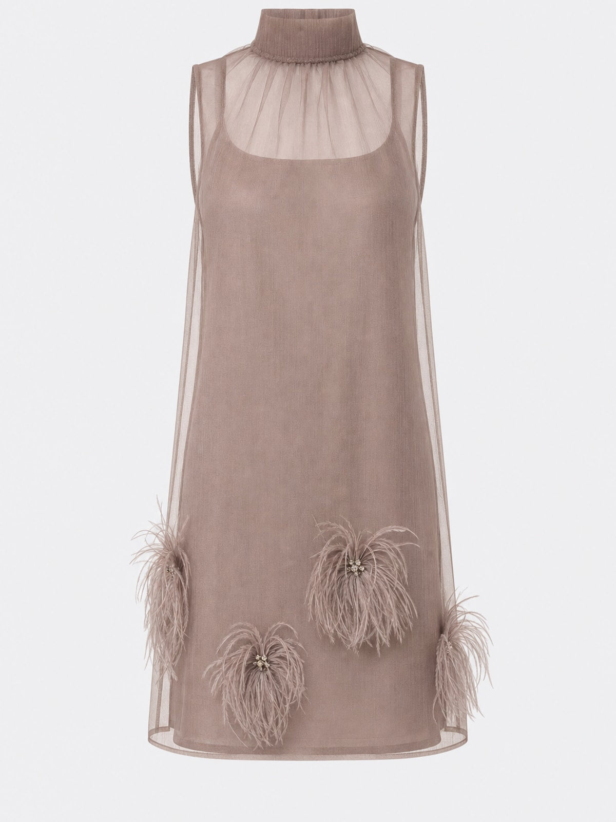 Taupe Sheer Chiffon Feather-Trim Mini Dress - 1