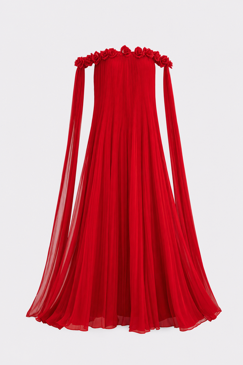 Off-Shoulder Rosette Maxi Dress in Red