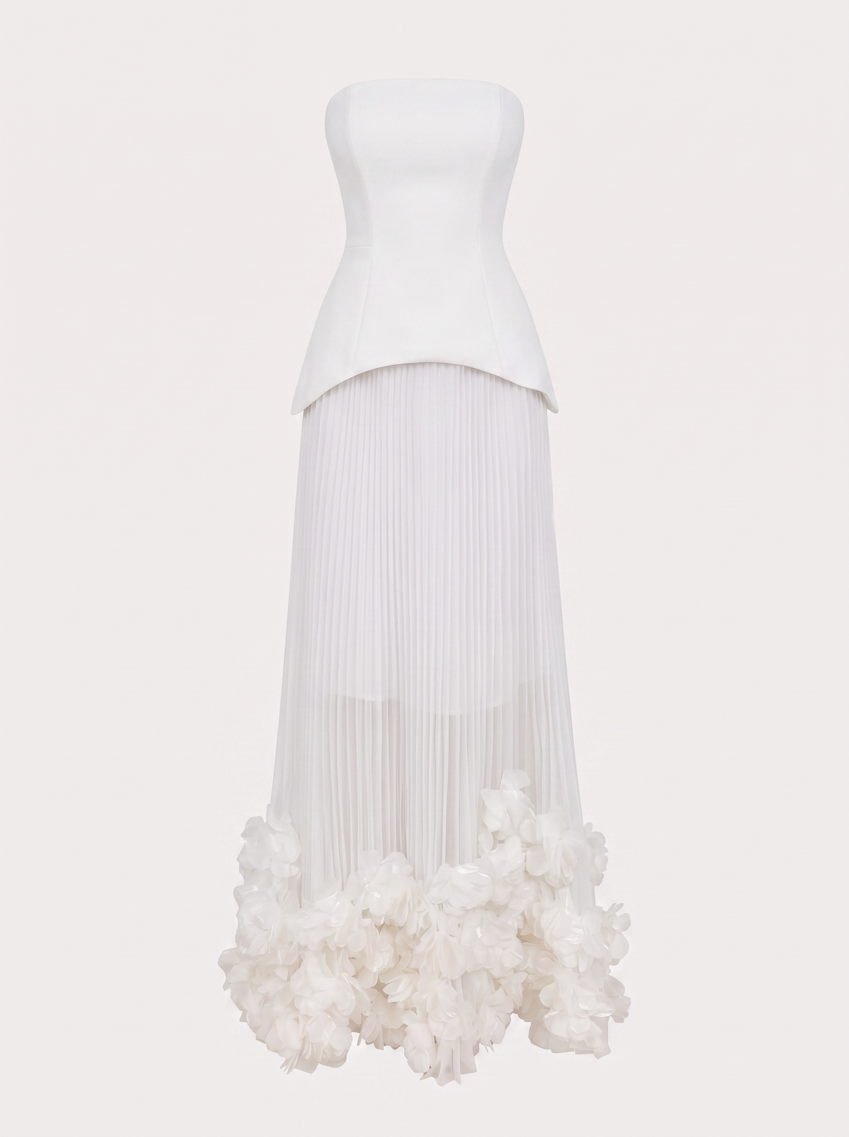 White two-piece skirt set with floral applique hem