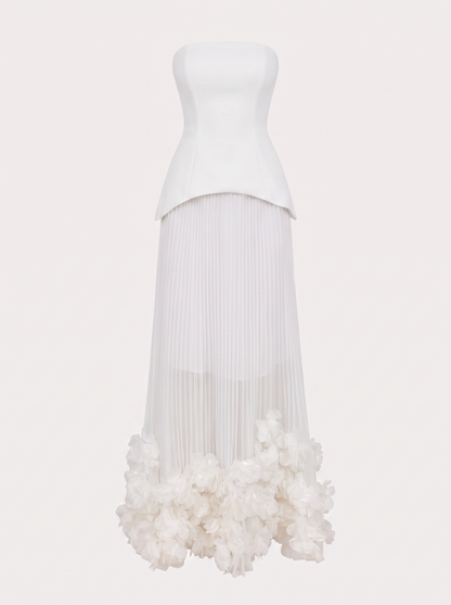 White two-piece skirt set with floral applique hem