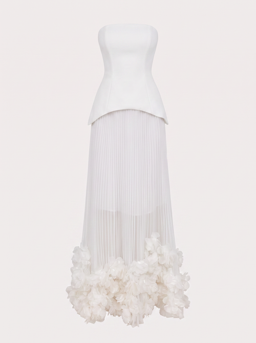 White two-piece skirt set with floral applique hem