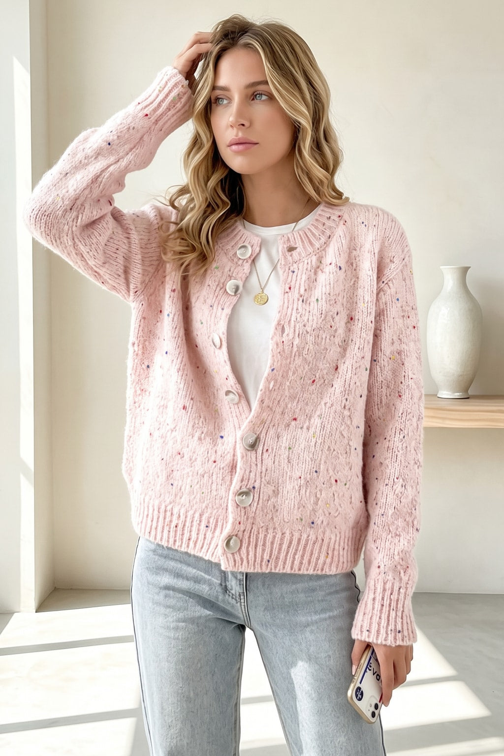 Knit Dot Print Long Sleeve Cardigan - 3