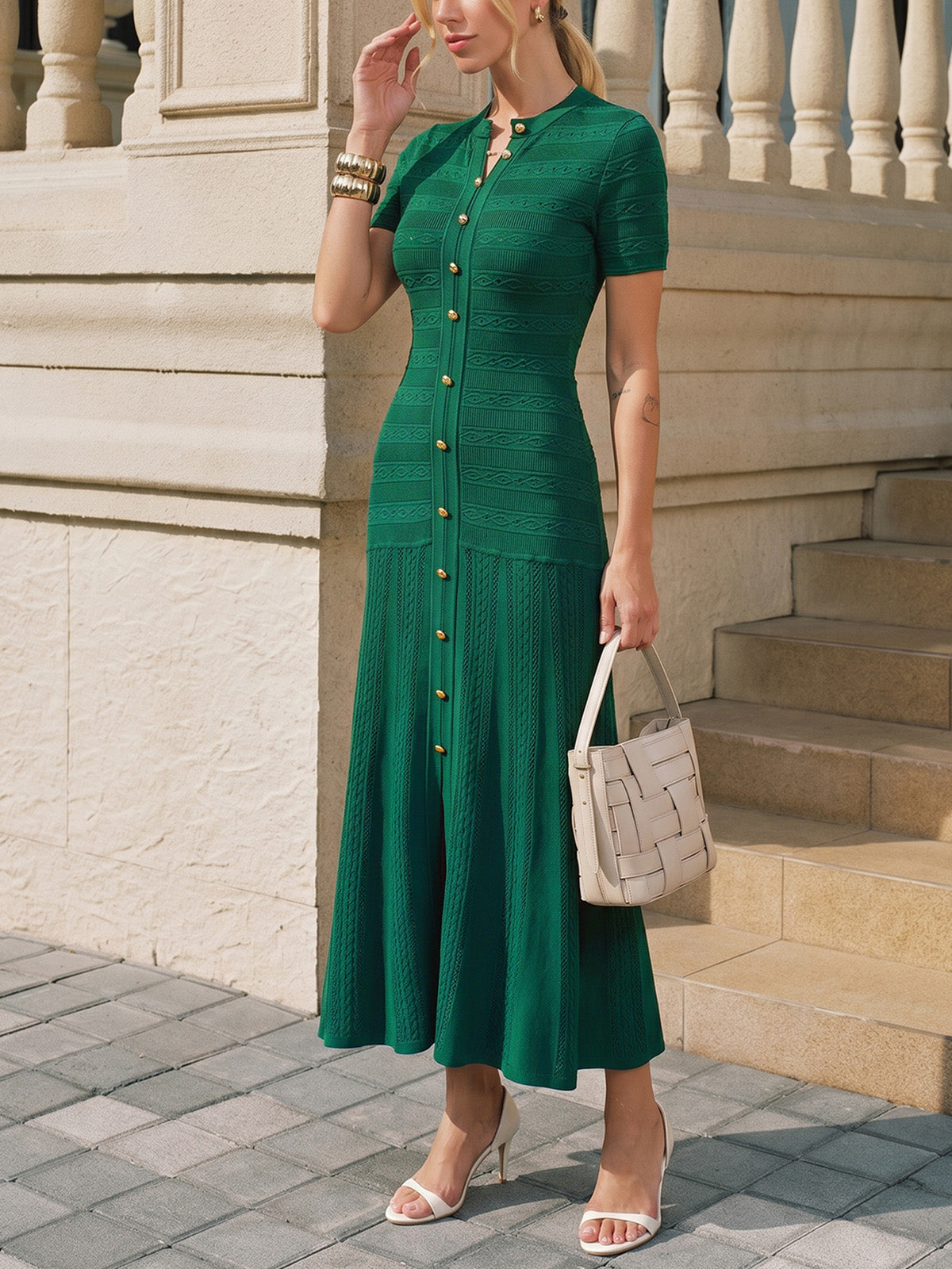 Textured Knit Midi Dress With Short Sleeves - 6