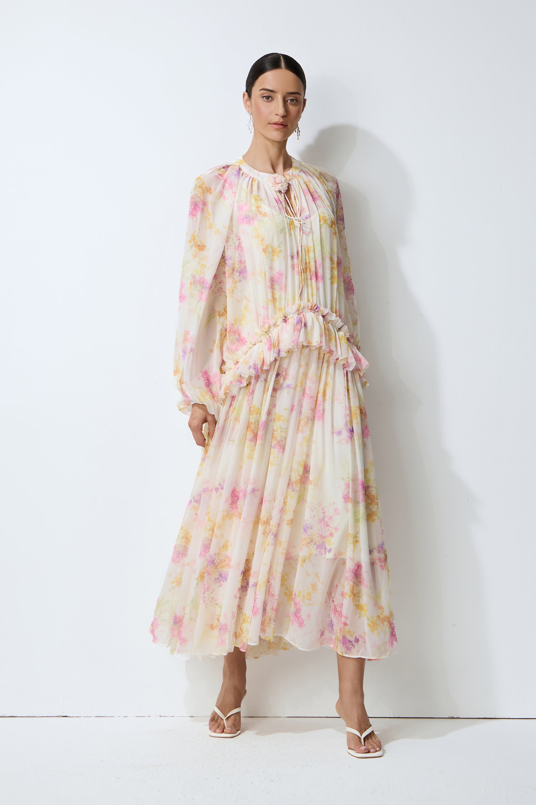 Apricot Chiffon Lantern Sleeve Maxi Dress - view 2