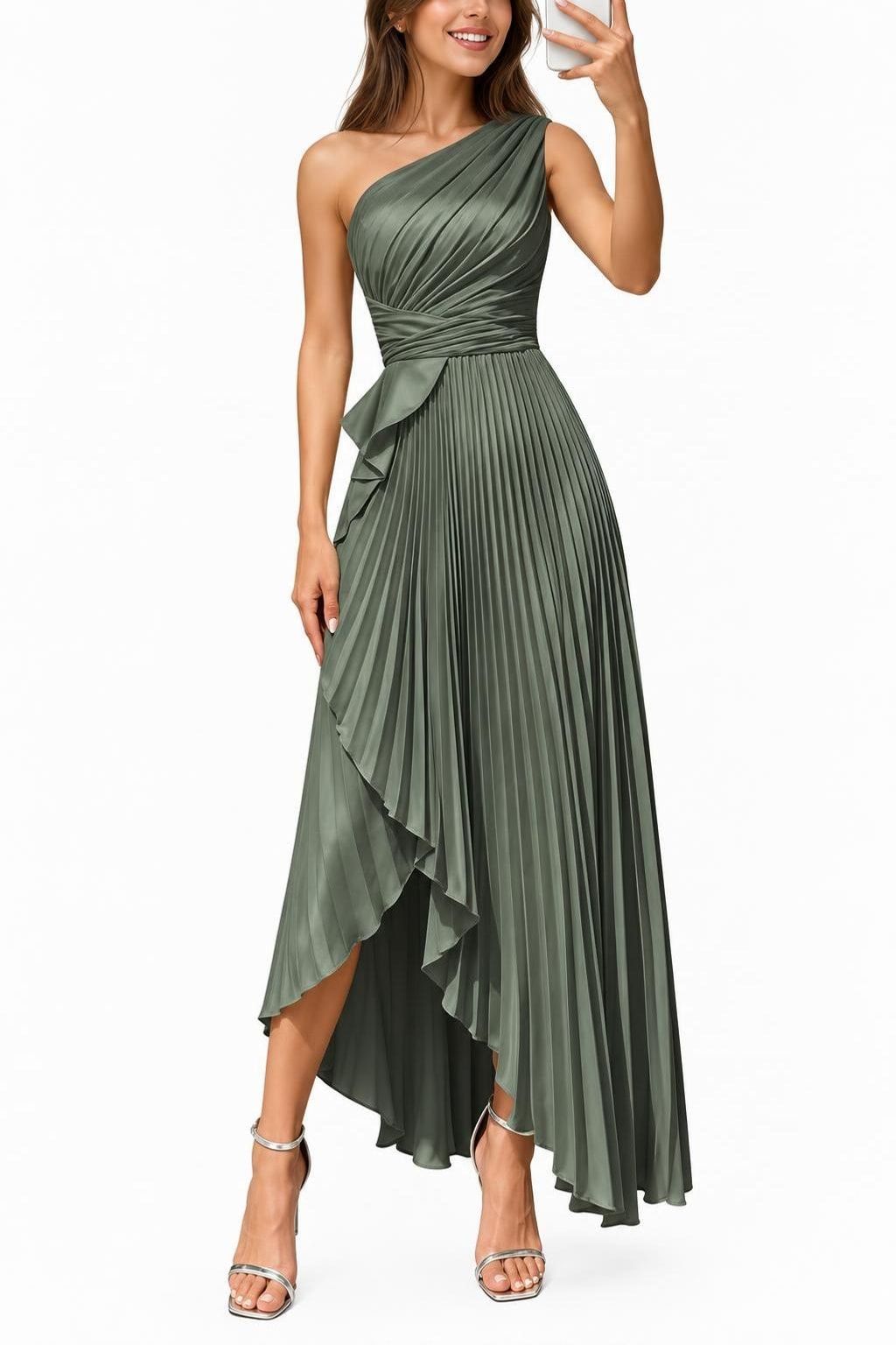 Satin Maxi Dress With One-Shoulder Neckline - 13