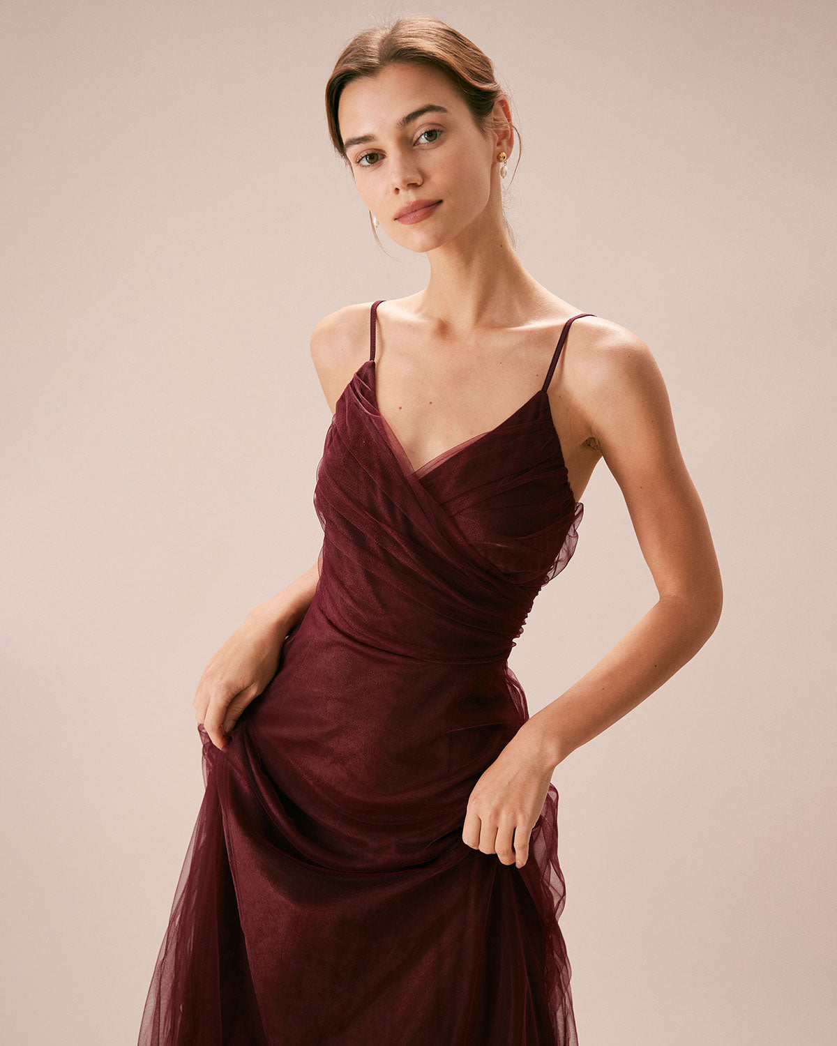 Wine red V-neck mesh maxi dress - view 3
