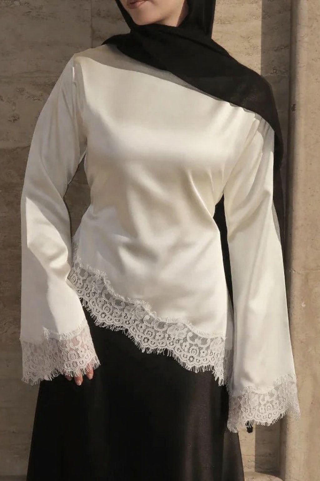 Satin Lace Top With Dramatic Flare Sleeves - 3