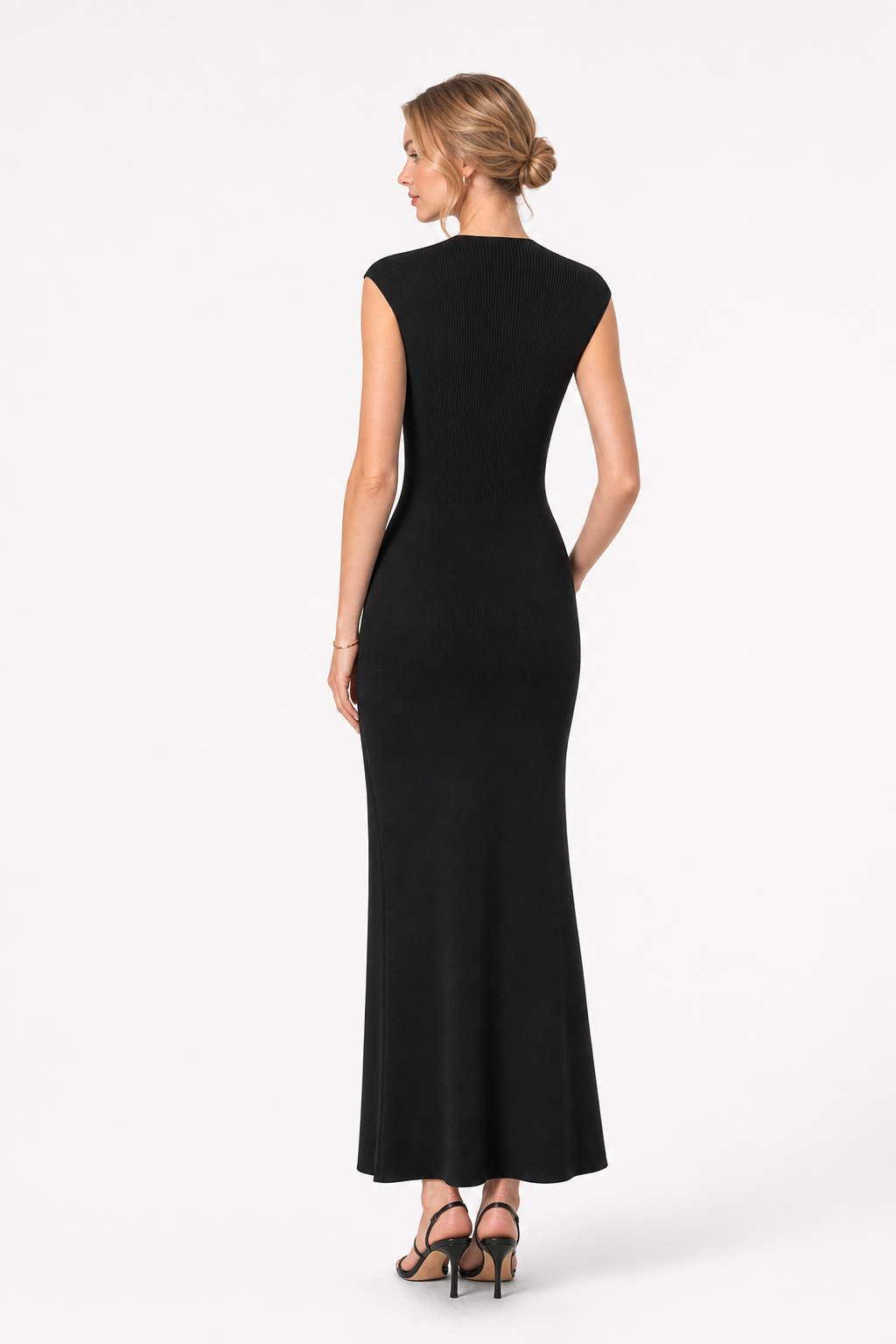 Rib knit maxi dress with cap sleeves and buttons - view 4