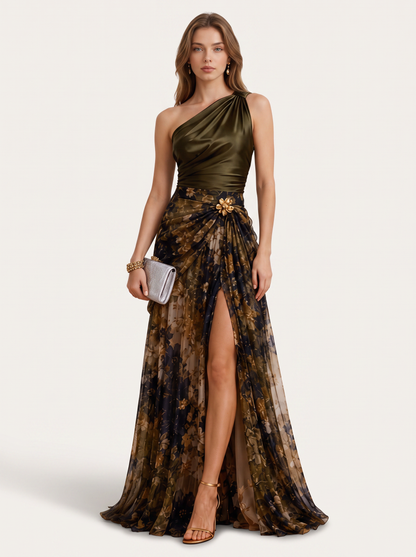 Satin one-shoulder maxi dress with floral tulle hem - view 7