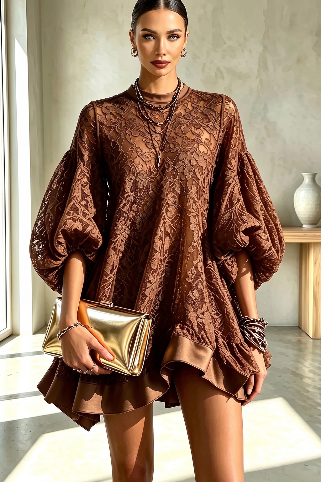 Lace Balloon Sleeve Mini Dress - 7