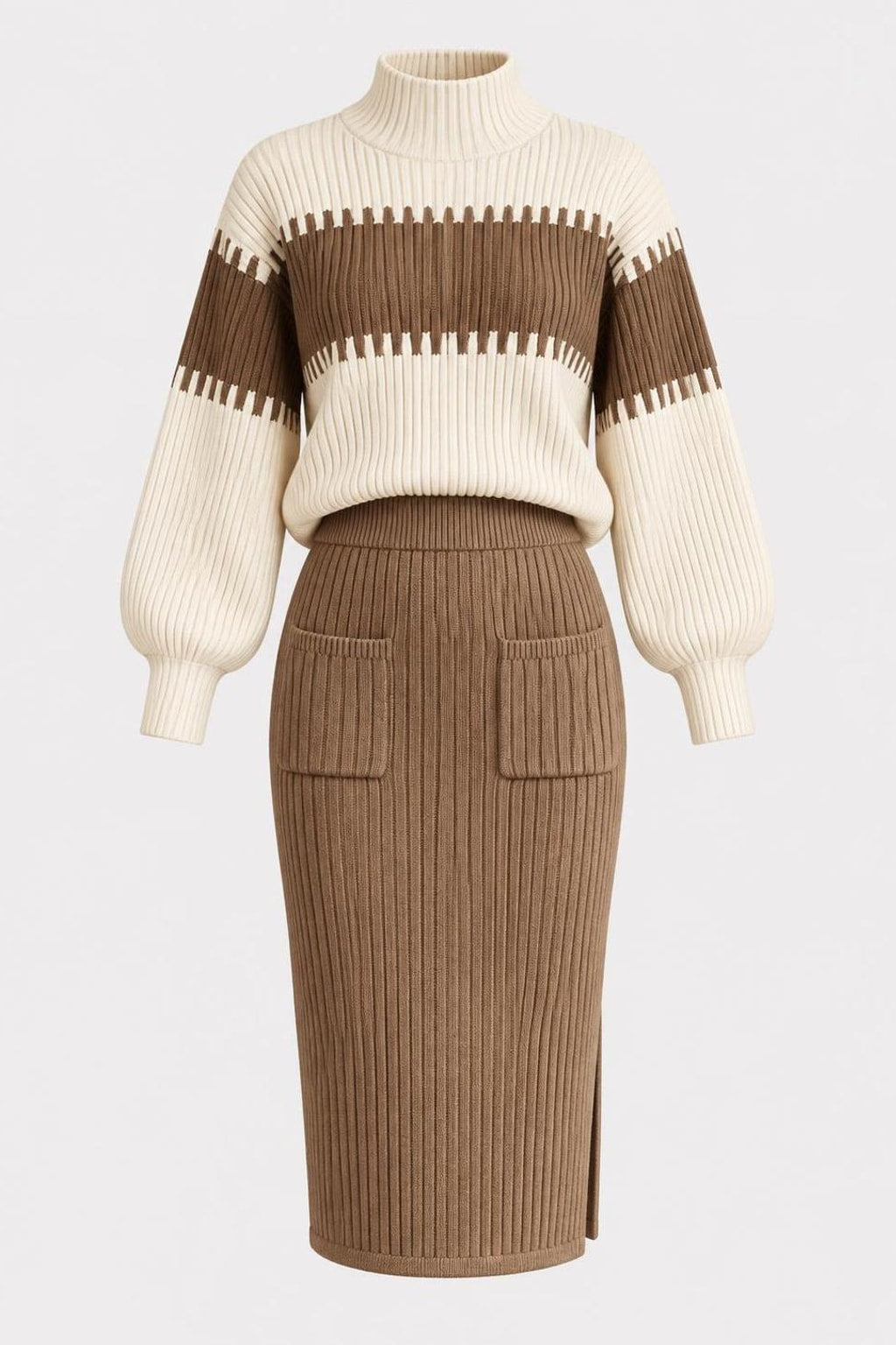 Knit Sweater Skirt Set With Side Slit - 1