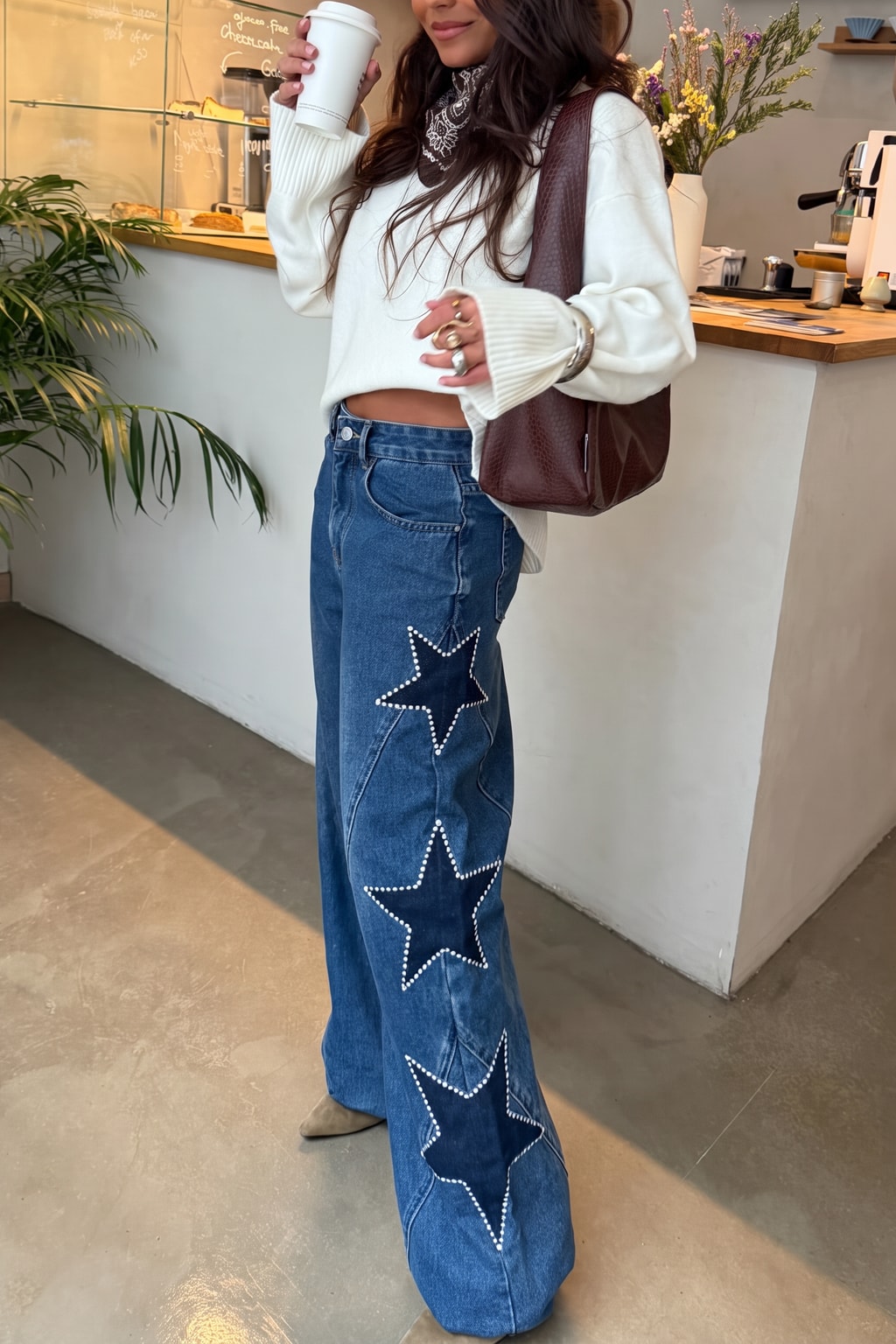 Denim Wide Leg Jeans With Side Star Pocket - 7
