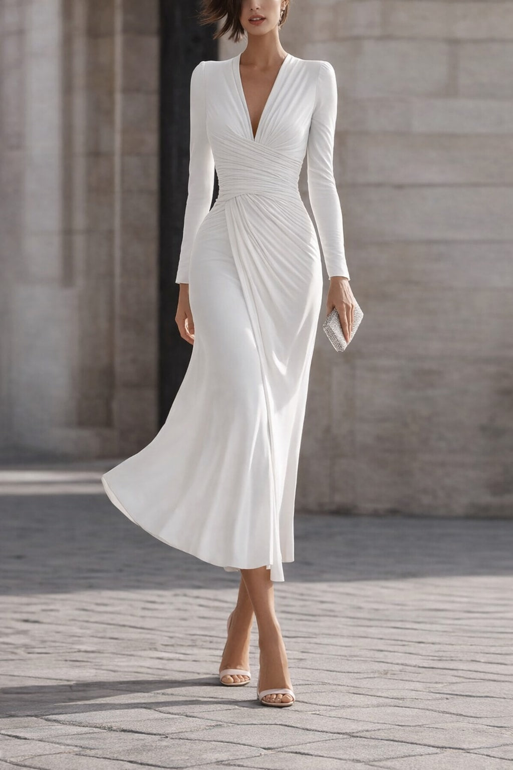 Synthetic Fiber Bodycon Dress With Deep V-Neck And Split - 6