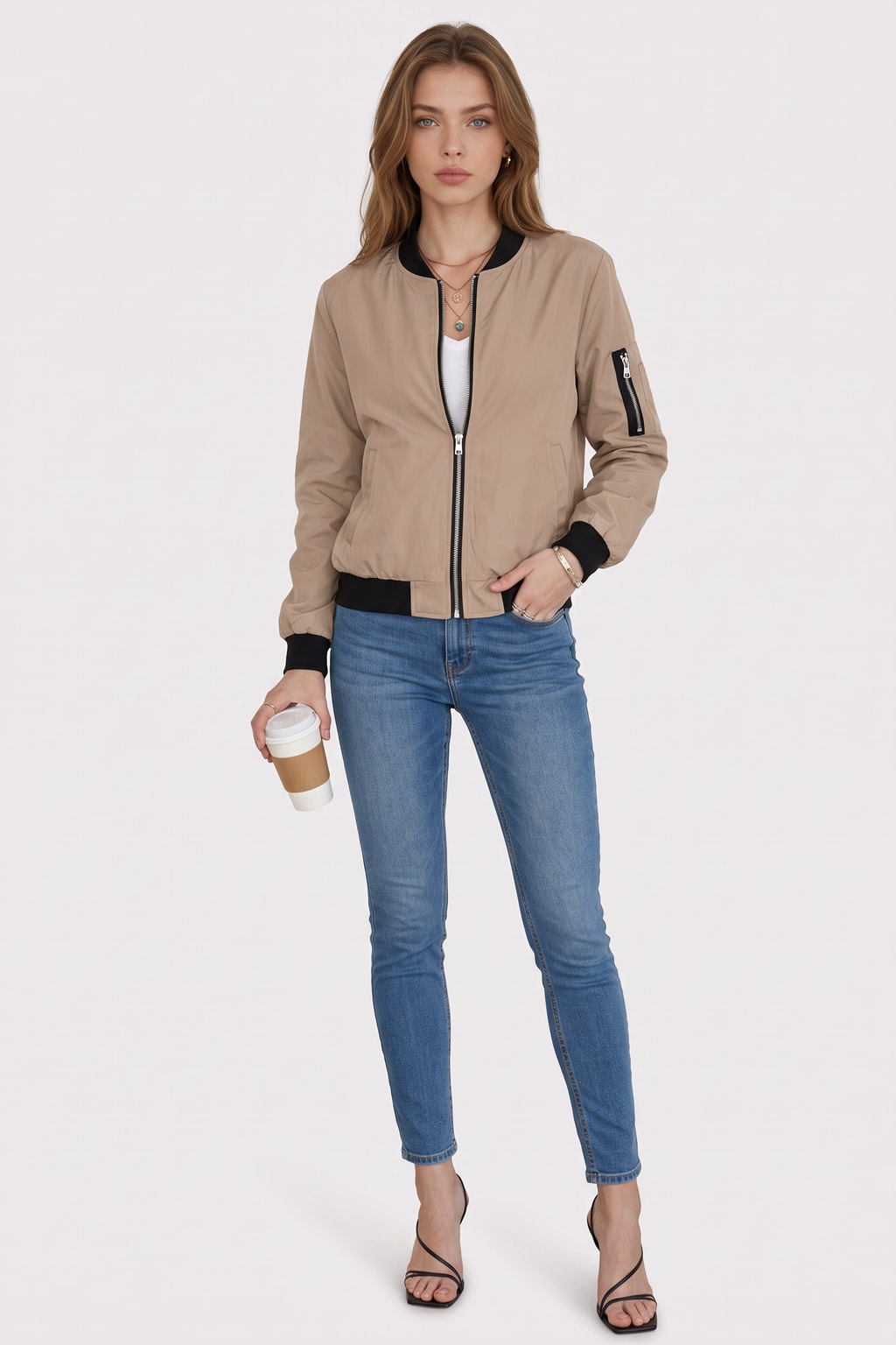 Woven Bomber Jacket Casual Zip Front - 5