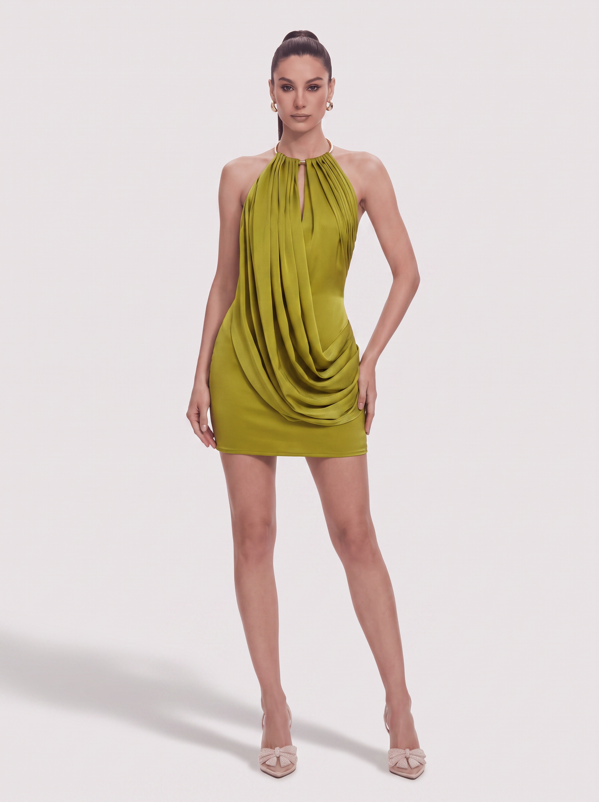 Metallic Satin Ruched V-Neck Mini Dress - view 2