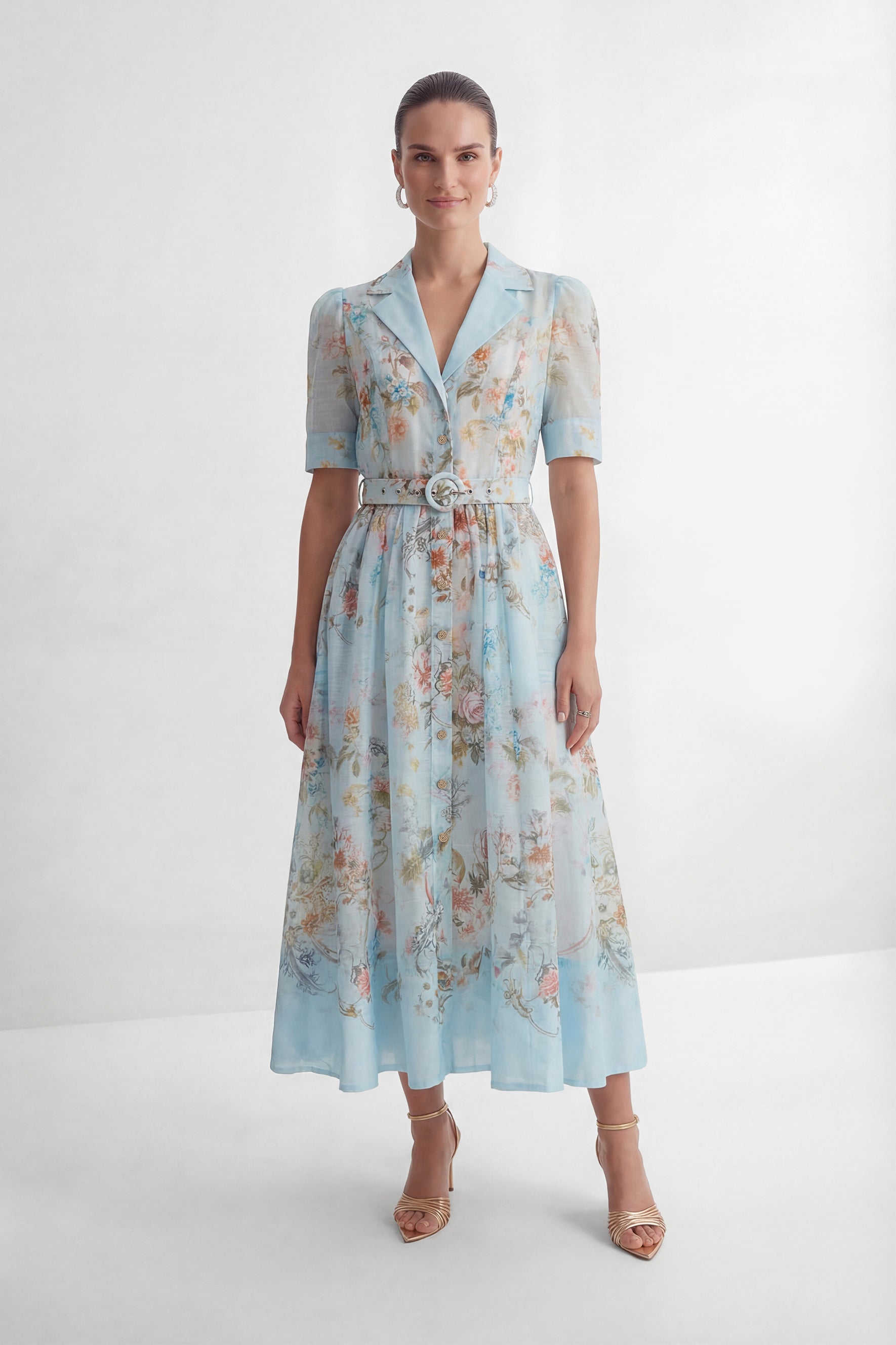 Blue Floral Puff Sleeve Shirt Collar Maxi Dress - view 2