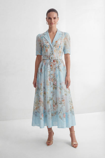 Blue Floral Puff Sleeve Shirt Collar Maxi Dress - view 2